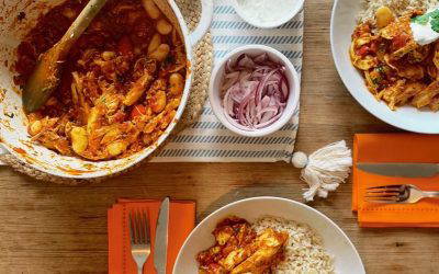 Spiced Butterbean Chicken Chilli, Brown Rice and Chive and Sour Cream