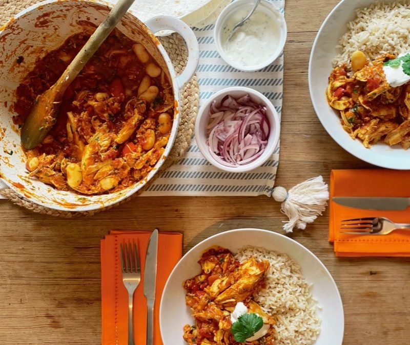 Spiced Butterbean Chicken Chilli, Brown Rice and Chive and Sour Cream