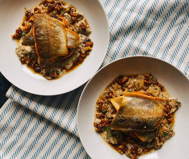 Walnut Dressed Trout, Butternut Squash Rosti with Mushroom Sauce