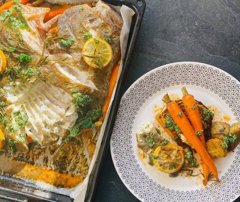 Whole Roasted Turbot with Pumpkin Seed Parsley Pesto