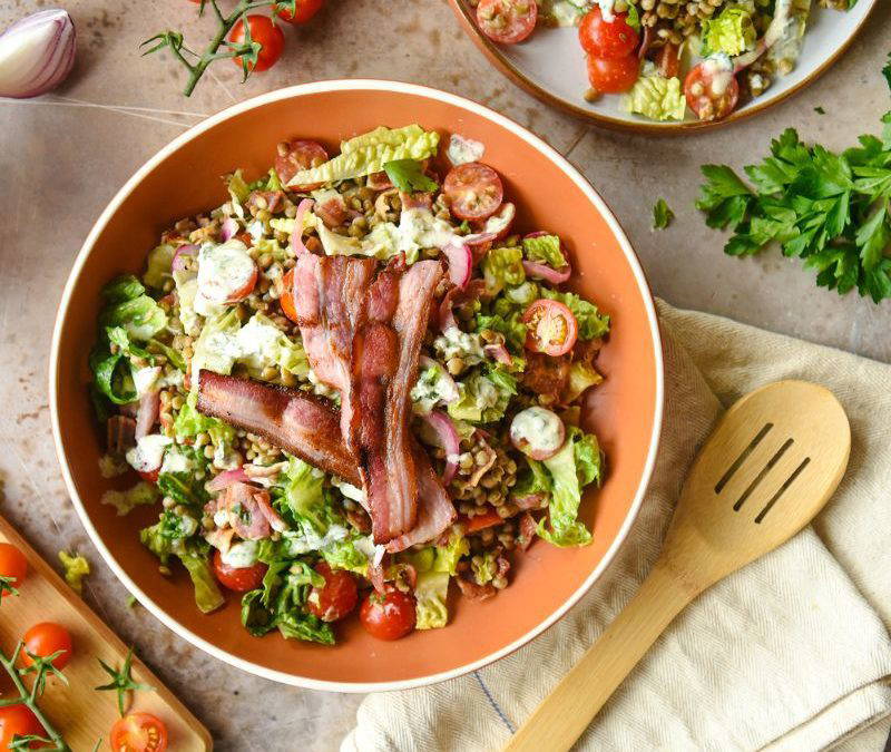 Slow Roasted Tomato BLT Lentil Salad with Yogurt Dressing